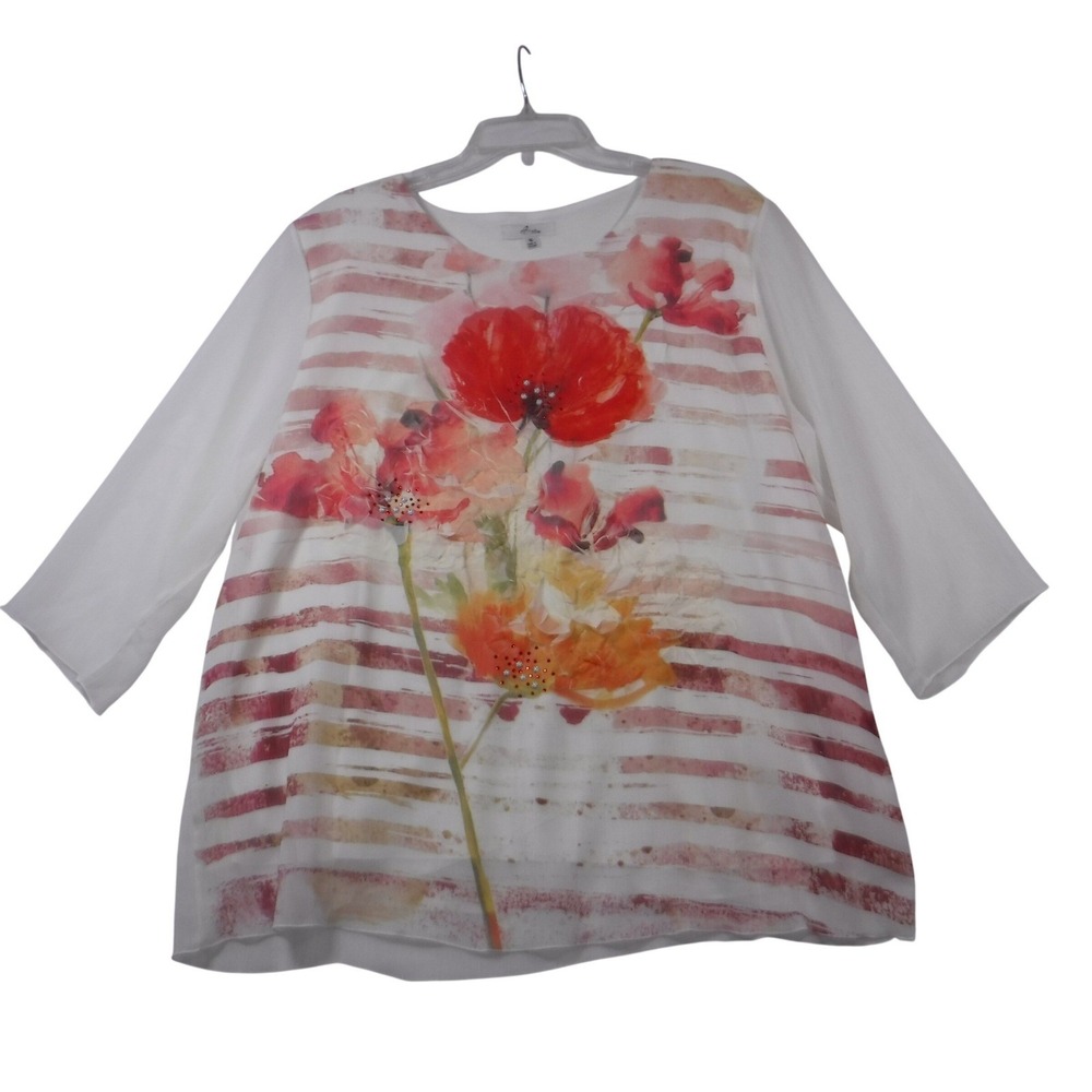 A~rtw Women XL White‎ Red Floral Poppy Stripe Rhinestone 3/4 Sleeve Blouse Top
